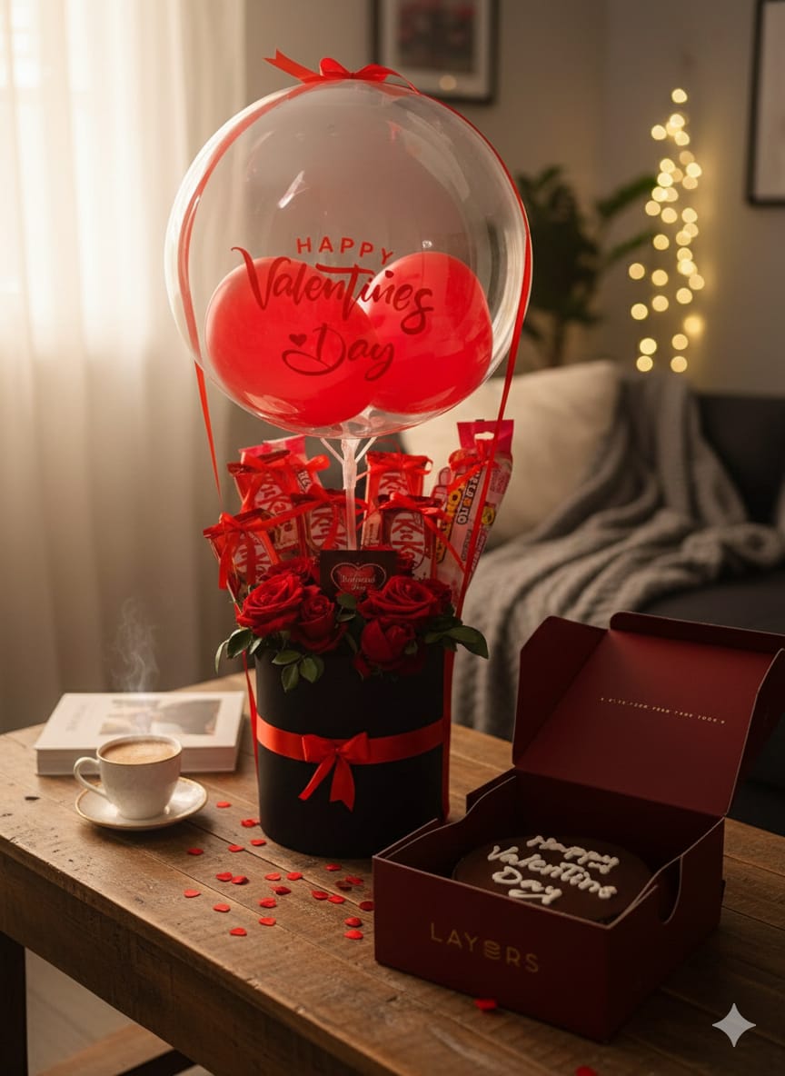 Luxury Valentine Rose Box with Balloon & Chocolates – Happy Valentine’s Day Gift
